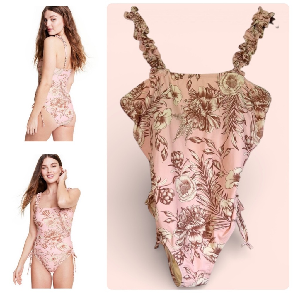 Agua Bendita Pink Floral Ruffle One Piece Swimsuit XXL